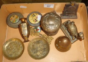 Assorted metalware items inc. brass camel inkwell, a WW2 shell detonator head, two Chinese brass pin