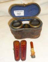 Cased Victorian silver banded meerschaum and amber cheroot holder and a pair of opera glasses