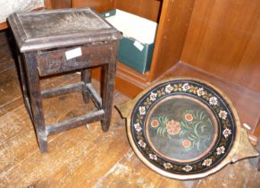 Small Oriental carved table with drawer and an Eastern European painted wood dish