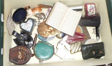 Box of interesting items, inc. moss agate and silver pill box, copper Art Nouveau plaque with