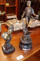 Bronze of lady on marble base, and a Spelter figure of a man with blacksmith's tongs entitled "Le