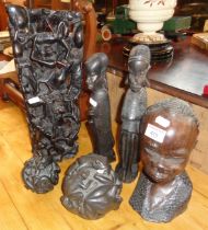 Six African carved hardwood figures and sculptures