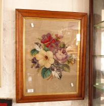 19th c. floral woolwork picture in maple frame