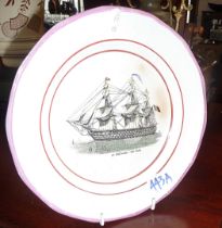 Sunderland lustre plate with picture of a French sailing warship "Le Bretagne" - 140 guns, impressed