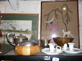 Assorted items inc. silver plated teaset, two china chambersticks, a watercolour and a woolwork