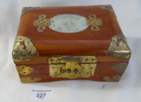 Chinese brass bound jewellery box with inset jade panel