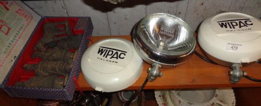 Pair of Wipac car spotlights and cased set of Chinese Terracotta Army figures