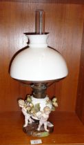 19th c. German porcelain oil lamp with cherubs and chestnuts decoration around reservoir base,