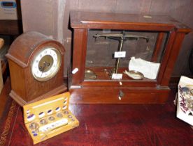 Chemist's scales in mahogany case by Becker & Sons of Rotterdam with weights, together with an oak