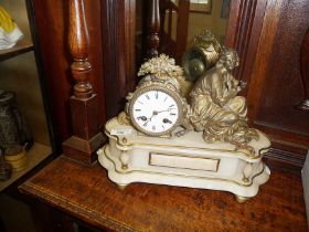 French mantle clock on marble base, surmounted by ormolu figure of a classical lady with lyre