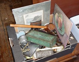 Box of assorted items, inc. harmonicas, engraving of Weymouth, etc.