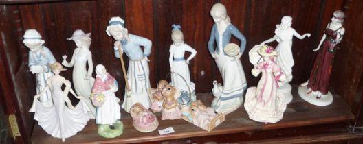 Royal Doulton and Nao Lladro lady figurines (some A/F), Pendelfin Bunnies, etc. (one shelf)
