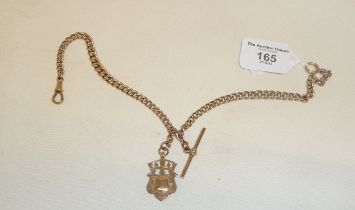 Hallmarked 9ct gold watch fob chain with attached medallion, 14" long, approx 38g