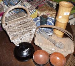 Fortnum & Mason wicker hamper, lacquer bowls, blue and white china plates and other items
