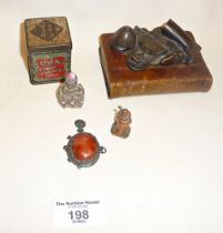Equestrian paperweight. Crumpsall Crackers tin, carnelian, scent bottle and copper bishop figure