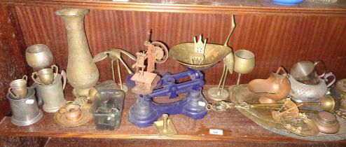 Kitchen scales and assorted brassware, etc.