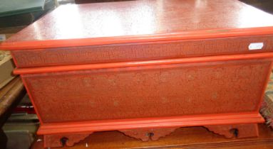 Burmese red lacquered wood casket chest