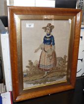 19th c. woolwork picture of a woman, in maple frame