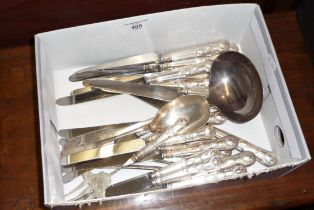 Quantity of silver plated knives, a soup ladle and a bread fork