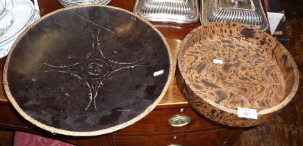 Tribal Art: Polynesian carved platter and a marbled wood bowl (cracks to both)