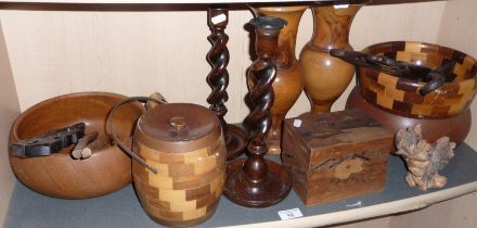 Assorted wooden items including barley twist candlesticks, salad bowls etc