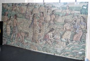 Printed fabric panel of Asian natives at work in the fields