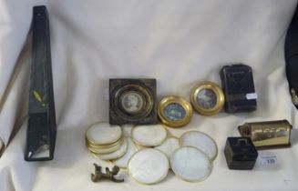 Box of assorted items, inc. desk calendar, Victorian travelling inkwell, small picture frames and