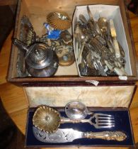Quantity of assorted silver plated items and cutlery, inc. candle snuffers, carvers, salts, etc.