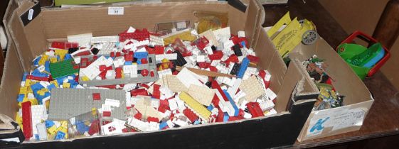 Big box of Lego and box of plastic cowboys and native Americans etc