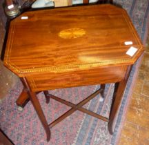 Edwardian inlaid and marquetry sewing table on square tapering legs with cross stretchers