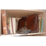 Leather briefcase, suede driving gloves and assorted books and maps including "Romany Cottage,