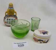 Oriental painted scent bottle, Mary Gregory painted miniature glass bowl and drinking glass (bowl