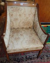 Edwardian inlaid mahogany and satinwood salon upholstered armchair