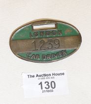 Rare enamelled brass London Cab drivers post-war badge No 1239