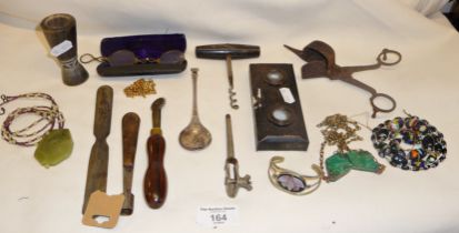 Miscellaneous items including John Pinches silver Christmas spoon, necklaces, corkscrew,