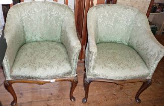 Pair of 19th c. upholstered tub armchairs on carved walnut cabriole legs