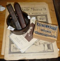 Two cut throat razors, advertising carton of Green's Arctic Lights candles, a Daily Mirror from 1922