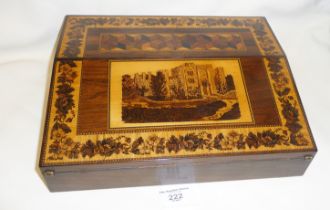 A fine Tunbridgeware rosewood writing slope, inlaid view of a castle (Hever?), the fitted interior