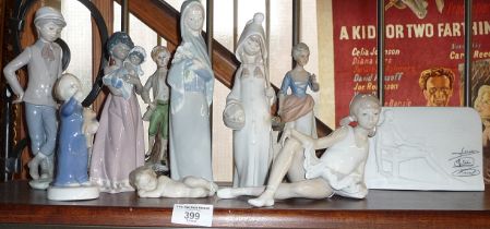 Shelf of Lladro and continental porcelain figures on metal bases (some A/F). Also including a Lladro