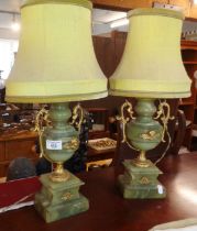 Pair of urn shaped onyx and gilt brass table lamps with shades