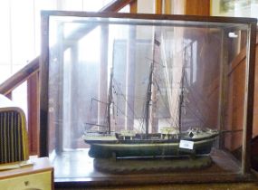 Victorian cased painted wood sailing ship model, glazed case (with two panes missing), 24" long x