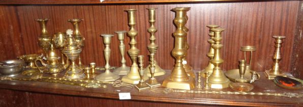 Six pairs of brass candlesticks, inc. Victorian and other brassware