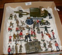 Britains Beetle lorry and 25 pounder gun, rare blue AA gun, Bren gun carrier, WW1 motor bike,