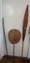 Tribal Art: African paddle, leather covered bow and large Asian bamboo chief's fan