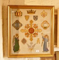 Gilt framed religious embroidery in silk and gold thread 26" x 23"