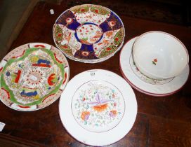 New Hall china plate, Grainger Worcester Imari plate and 4 other plates and bowl