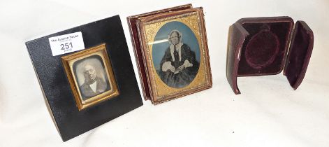 A 19th c. Daguerro type portrait of an elderly gentleman in ebonied frame and a 19th c. coloured tin