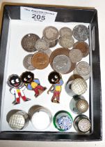 Three Golden Shred enamel badges, some coins, inc. silver and six thimbles