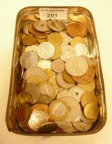 Tin of assorted foreign coins