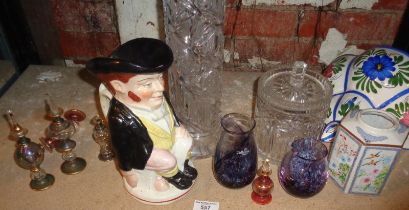 Chinese porcelain hexagonal jar, old English Toby Jug and some glassware